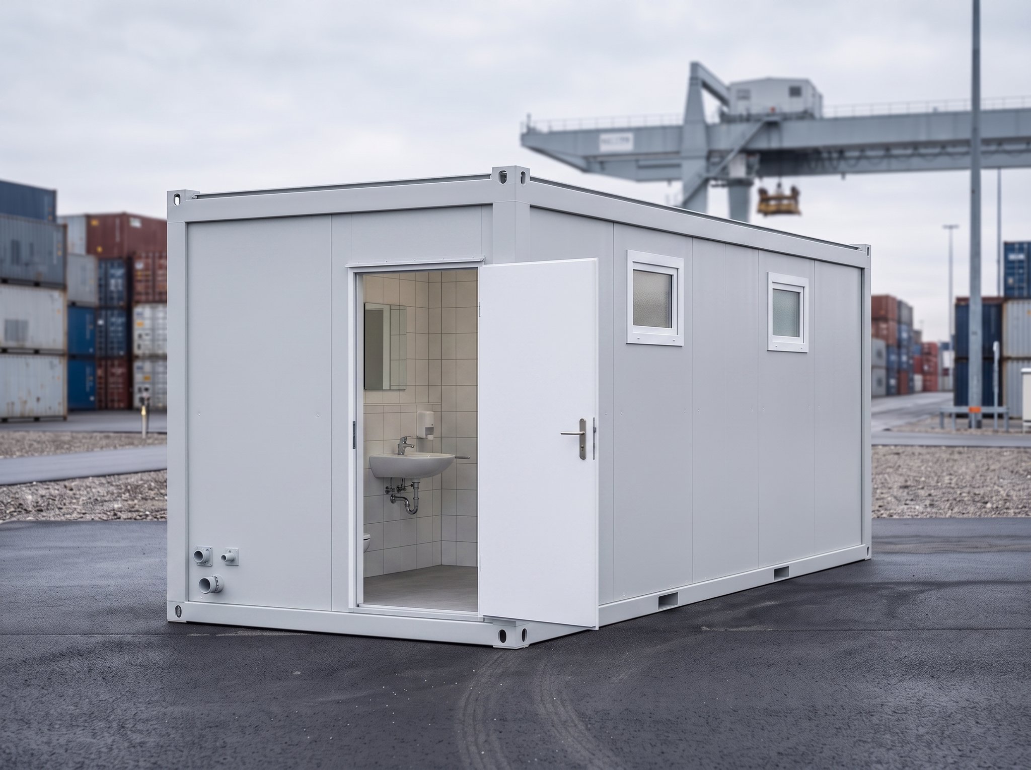 20 Fuß Sanitärcontainer – WC & Dusche – Geöffnete Türen